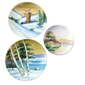 Lot Antique Nippon Hand Painted Royal Japan Plates Signed Huruta Snowy Landscape